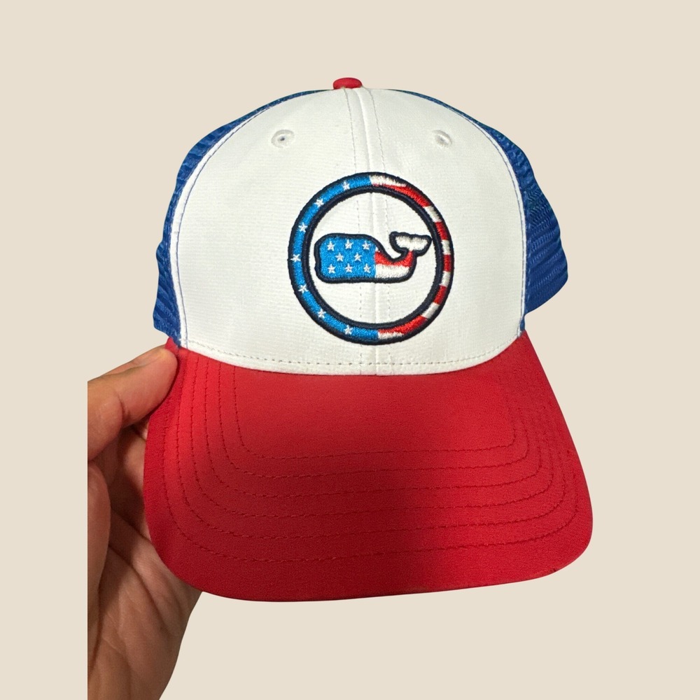 Vineyard Vines Mens USA Whale Flag Trucker Hat Red White Blue Snapback Mesh Cap